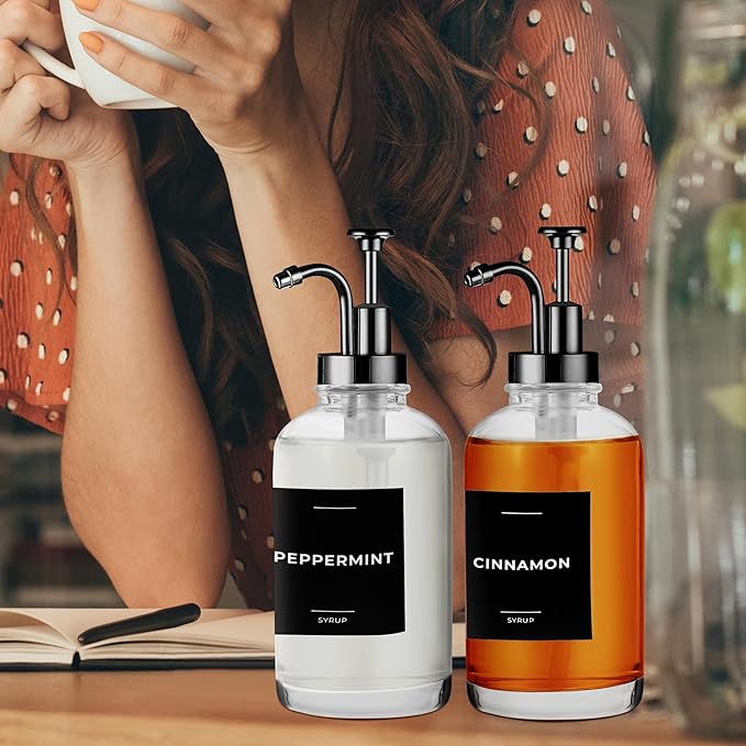 Coffee Syrup Labels for Bottles, Syrup Dispensers - 2.5" x 2.5" Waterproof & Durable PVC Stickers - Modern Coffee Bar Essentials for Home, Kitchen, Beverage Station - Minimalist Black, 22pcs