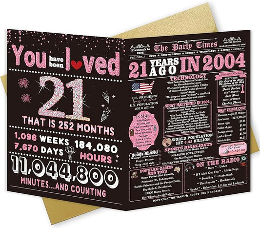 21st Birthday Gifts Decorations for Her - 21st Birthday Card & Party Supplies for Women, Large Birthday Card for 21 Year Old, Back in 2004 Birthday Card, Rose Pink Gold