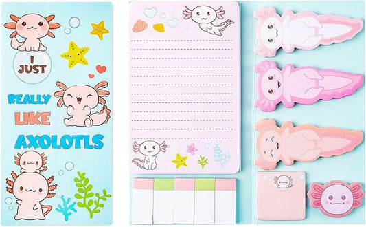 I Just Really Like Axolotl Sticky Notes Set, 550 Sheets, Animal Mexican Walking Fish Shaped Self-Stick Notes Pads Divider Tabs Bundle Writing Memo Pad Page Marker Back to School Office Supplies