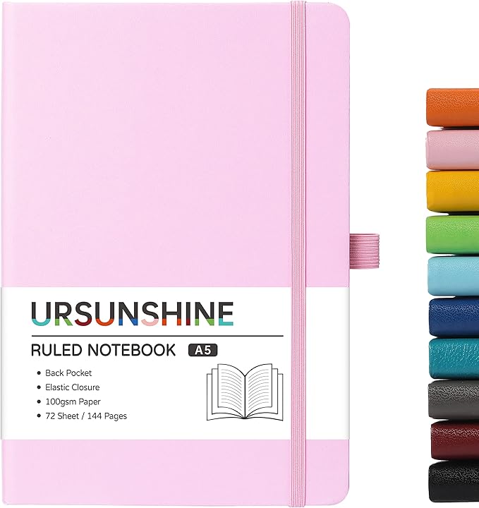 Ruled Notebook/Journal - Classic Lined Journal/Notebook, Hardcover with Thick Paper, 5.7" x 8.4", Banded + Pen Holder +Inner Pocket - Pink