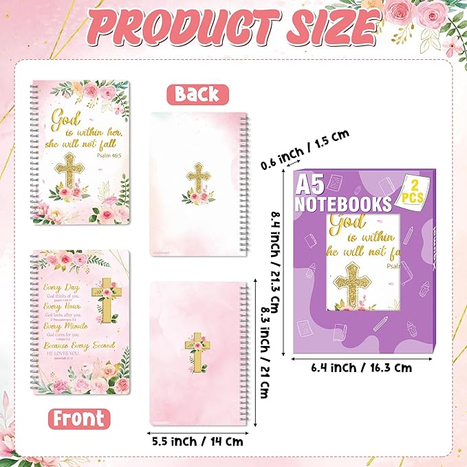 2 Pack A5 Floral Cross Religious Spiral Notebooks - She Will Not Fall Bible Verses Writing Notebooks, Ruled Hardbound Lined Journal, Christian Christmas Gift, Sunday School Supply (Pink Gold)