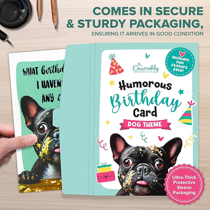 Decorably 5x7in Individual Humorous Dog Birthday Card with Embossed Design, Funny Dog Birthday Cards Set with Envelope and Stickers, with Printed Message Inside