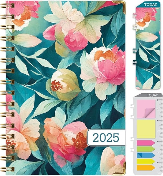 HARDCOVER 2025 Planner, 5.5"x8": 14 Months (November 2024 - December 2025), Daily Weekly Monthly Planner, Yearly Agenda, Bookmark, Pocket Folder and Sticky Note Set (Teal Floral)