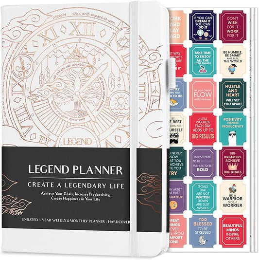 Legend Planner – Weekly & Monthly Life Planner to Hit Your Goals & Live Happier. Organizer Notebook & Productivity Journal. A5 (White)