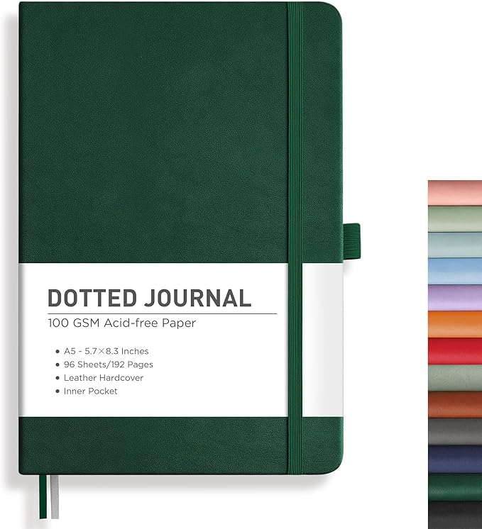 RETTACY Bullet Dotted Journal, A5 Dotted Notebook Journal with 192 Pages, 5.7'' × 8.3'', Medium Size, 100 GSM Thick Paper, Leather Hardcover, Bullet Journaling, Planning (Dark Green)