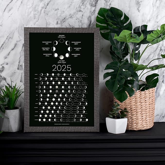 2025 Moon Phase Calendar (SHIPS FLAT) - Hangable Silver Lunar Wall Poster - Great as a Unique Gift, Moon Tracking, Wall Décor & Art, Astrology Decorations - A Celestial Calendar - by Thankful Greetings