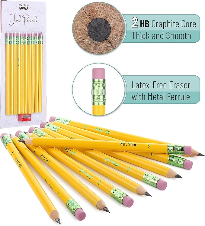 Mr. Pen- Jumbo Pencils, 10 Pencils and 1 Sharpener, Big Pencil, Fat Pencils, Jumbo Pencils for Preschoolers, Fat Pencils for Kindergarten, Thick Pencils, Big Pencils for Preschoolers, Large Pencil.