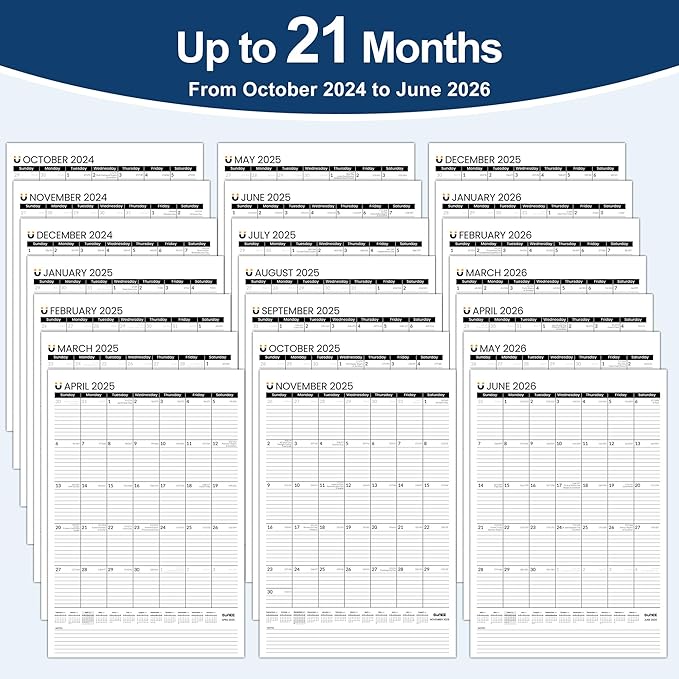 SUNEE 2025 Wall Calendar Large 22.75"x15.5" with Lines, 21 Month Calendar from Now to June 2026, Vertical Extra Large Monthly Calendar 2025 for Wall, Black
