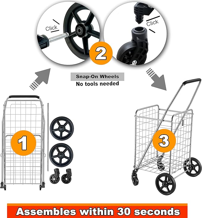 Wellmax WM99024S Grocery Utility Shopping Cart, Easily Collapsible and Portable to Save Space and Heavy Duty, Light Weight Trolley with Rolling Swivel Wheels