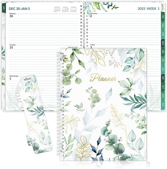 SUNEE 2025 Weekly and Monthly Planner - from January 2025 - December 2025, 8.5"x11" Daily Agenda Planner with Monthly Tab, Flexible Cover, Note Pages, Pockets, Bookmark, Spiral Binding, Eucalyptus