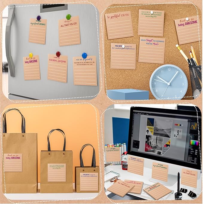 Yinder 24 Pcs Employee Appreciation Sticky Notes Thank You Gifts Bulk Note Pads with Sayings Teacher Gift Mini Pocket Inspirational Notepads for Coworker Office Supply 3 x 3''(Kraft Color,Thanks)