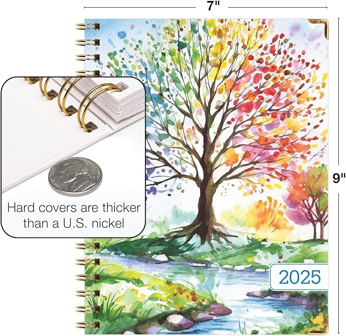 HARDCOVER 2025 Planner, 7"x9": 14 Months (November 2024 - December 2025), Daily Weekly Monthly Planner, Yearly Agenda, Bookmark, Pocket Folder and Sticky Note Set (Tree Seasons)