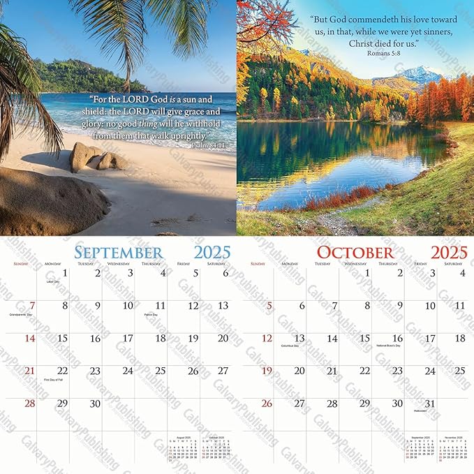 2025 Christian Wall Calendar, King James Bible Verses, 12x24 (Open) Staple Bound, Beautiful Pictures, quality printing and binding.
