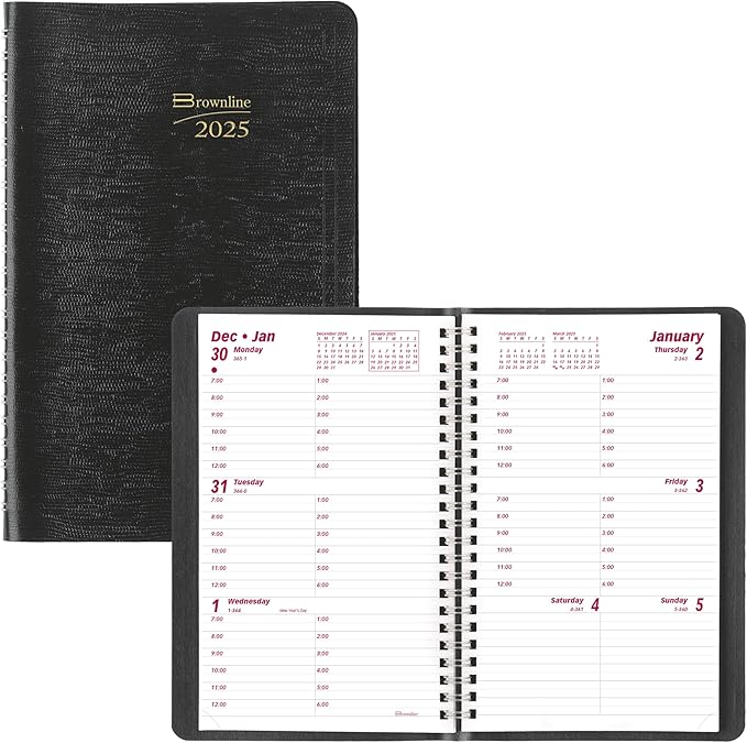 Brownline® 2025 Essential Weekly Planner, Appointment Book, 12 Months, January to December, Twin-Wire Binding, 8" x 5", Black (CB75.BLK-25)
