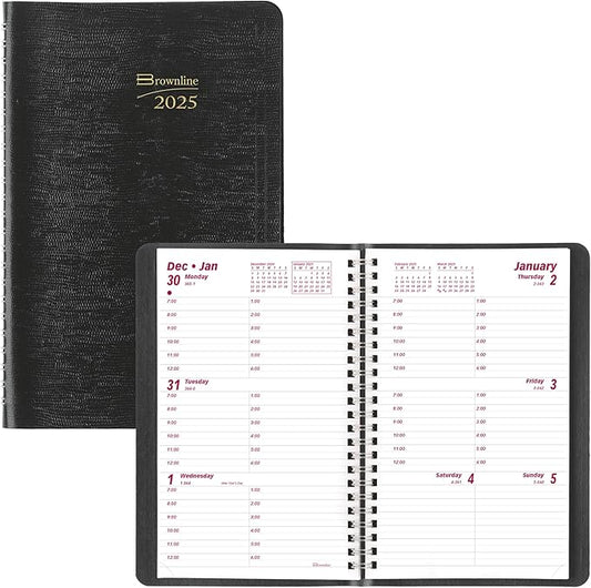 Brownline® 2025 Essential Weekly Planner, Appointment Book, 12 Months, January to December, Twin-Wire Binding, 8" x 5", Black (CB75.BLK-25)
