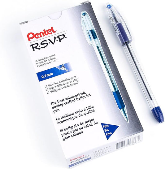 Pentel® R.S.V.P.® Ballpoint Pens, Fine Point, 0.7 mm, Clear Barrel, Blue Ink, Pack of12