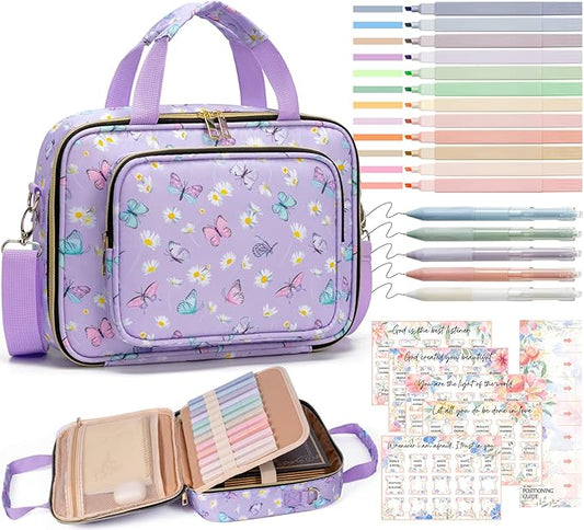 Bible Cover for Women Bible Case, Large Bible Bag w/Shoulder Strap, Bible Study Supplies Bible Journaling Kit Book Carrying Case with Bible Highlighters Tabs, Christmas Christian Gifts for Women Lady