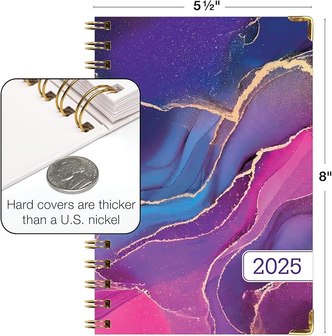 HARDCOVER 2025 Planner, 5.5"x8": 14 Months (November 2024 - December 2025), Daily Weekly Monthly Planner, Yearly Agenda, Bookmark, Pocket Folder and Sticky Note Set (Pink Purple Marble)