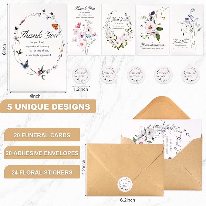 C2U Funeral Thank You Cards with Envelopes(20 Pack 4"x6"),Stickers & Message Inside - Wildflower Bereavement Sympathy Thank You Cards for Funeral Family Friends Loved Ones
