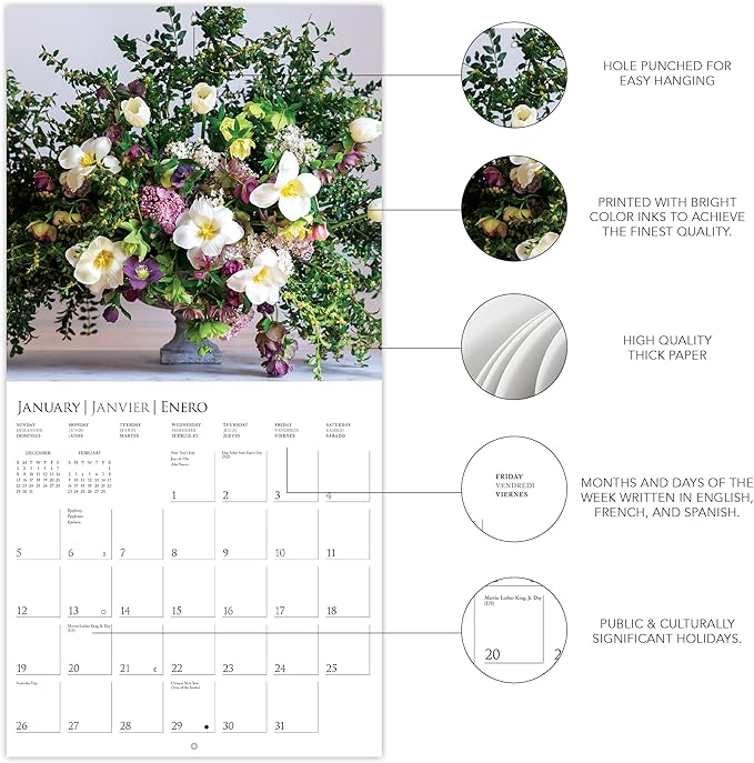 Graphique 2025 Garden Bouquets Wall Calendar | 12” x 12” | Thick Paper | Home & Office Organizer | Large Monthly Grid | 3 Languages & Marked Holidays | 4 Month Preview Page for 2026
