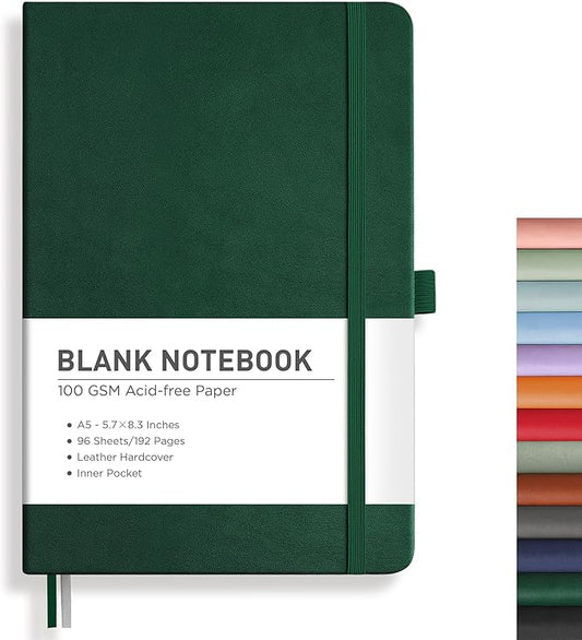 RETTACY Blank Journal Notebook, A5 Blank Journal with 192 Pages, 5.7'' × 8.3'' Medium Size, 68 LB/100 GSM Thick Paper, Leather Hardcover, for Sketching, Drawing, Painting (Dark Green)