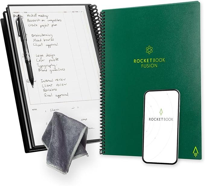 Rocketbook Fusion Reusable Undated Productivity Planner, Letter Size 8.5x11, Green - Goals, Monthly and Weekly Calendar, Daily To-do List, Lined and Dotted Notes Pages