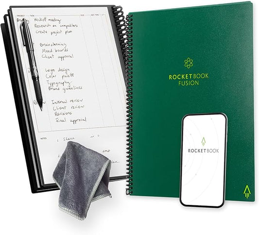 Rocketbook Fusion Reusable Undated Productivity Planner, Letter Size 8.5x11, Green - Goals, Monthly and Weekly Calendar, Daily To-do List, Lined and Dotted Notes Pages