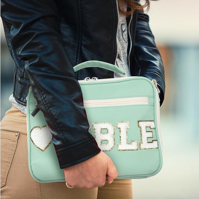 Silkfly Large Chenille Letter Bible Cover for Women Preppy Patch Bible Case Church Bible Bag with Handle(Sage Green)