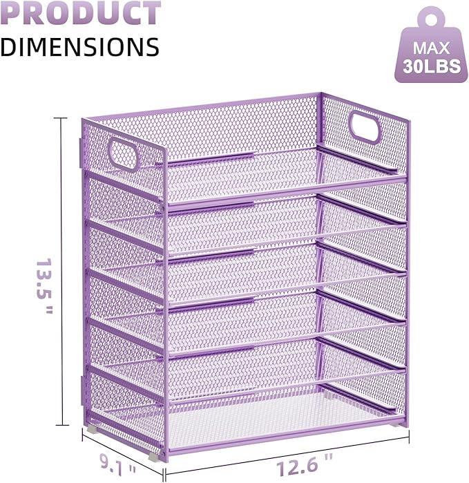 Marbrasse 6 Tier Paper Organizer - Mesh Desk File Holder with Handle, Letter/A4 Paper Sorter - Purple