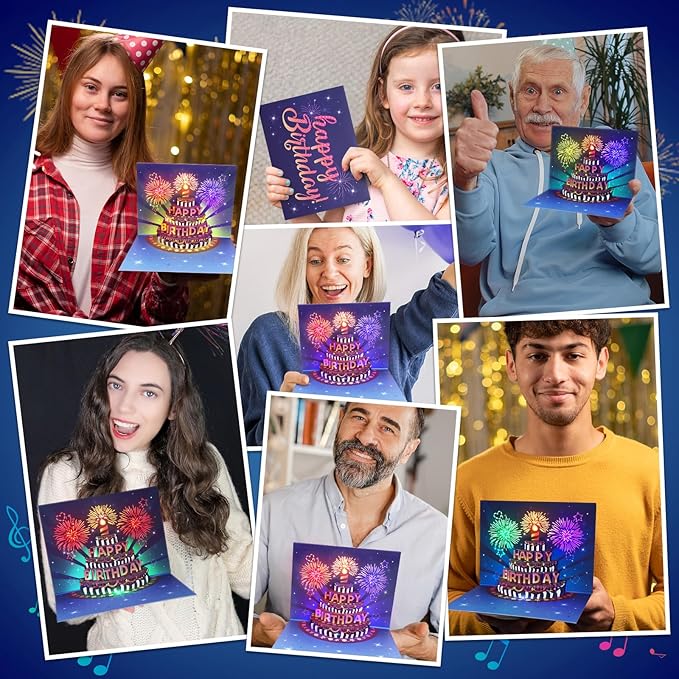 INPHER Birthday Cards Fireworks Pop Up Cake Light and Music Happy Birthday Gifts Decorations for Women, Men, Mom, Grandma