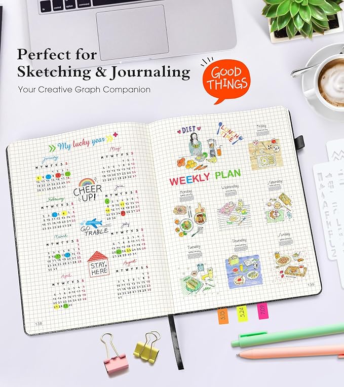 Graph Paper Notebook Journal, 360 Numbered Pages Grid Notebooks, Thick 100gsm Graphing Paper Journals for Writing Women Men, A5 Large Hardcover Leather Graph Notebook 5.75'' × 8.38'' Black