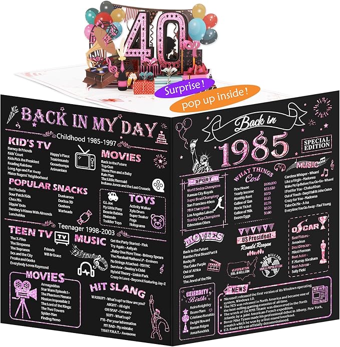 40th Birthday Card for Women Her, Jumbo 3D Pop Up 40th Birthday Gifts, Back In 1985 Happy 40 Year Old Sister Birthday Decorations Cards Card for Wife, Rose Gold