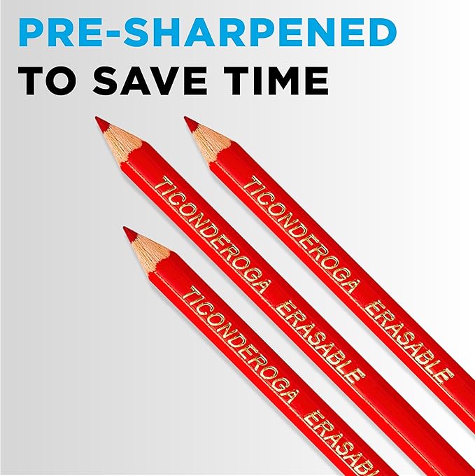TICONDEROGA Erasable Checking Pencils, Pre-Sharpened with Eraser, Red, Pack of 2 (13901)