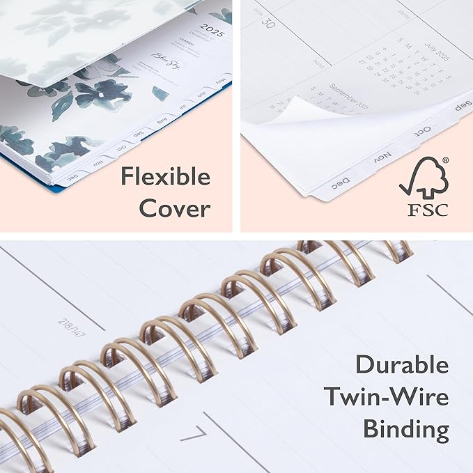 Blue Sky 2025 Weekly and Monthly Planner Calendar, January 2025 - December 2025, 8.5" x 11", Flexible Frosted Cover, Laminated Tabs, Wirebound, Storage Pocket, Bakah Blue