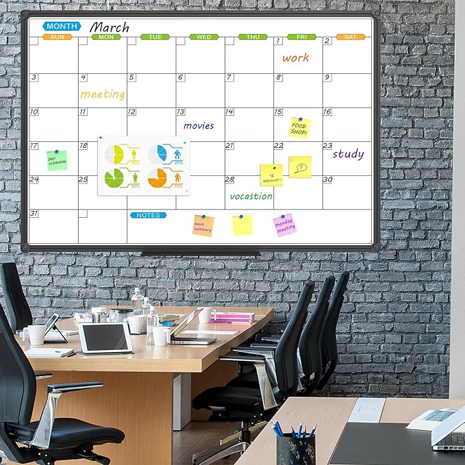 JILoffice Dry Erase Calendar Whiteboard 48 X 36 Inch - Magnetic White Board Calendar Monthly, Black Aluminum Frame Wall Mounted Board for Office Home and School