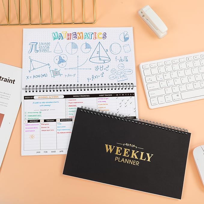 Weekly Planner, Black Undated Planner with Habit Tracker & Weekly Priorities, 6.3'' x 11.2'', To Do List Notebook with Dotted Pages for Organizing