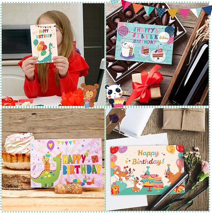 Harloon 200 Pack Happy Birthday Card Assorted Bulk with Blank Envelopes and Stickers 4 x 6 Inches Greeting Blank Happy Birthday Cards for Men Women Adults Kids, 20 Styles(Cartoon Style)