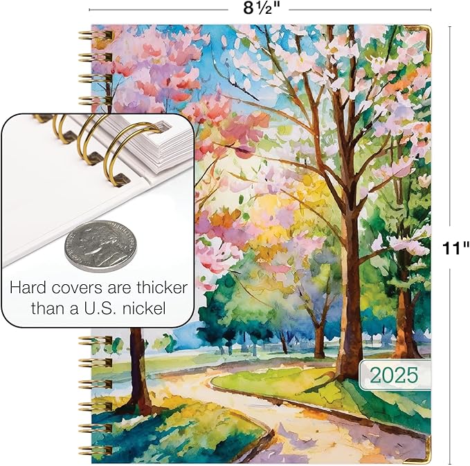 HARDCOVER 2025 Planner, 8.5"x11": 14 Months (November 2024 - December 2025), Daily Weekly Monthly Planner, Yearly Agenda, Bookmark, Pocket Folder and Sticky Note Set (Watercolor Tree)