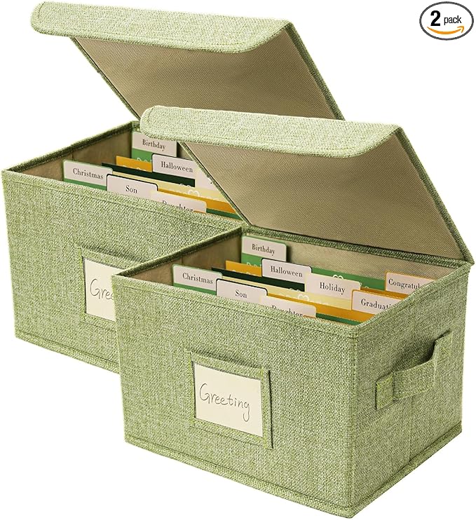 Vienrose Greeting Card Organizer Storage Box with 20 Removable Dividers, 84 Self-stick Labels, Perfect for Photos, Envelopes, Scrapbooking, Paper, Stickers Holder 2 Pack Grass Green