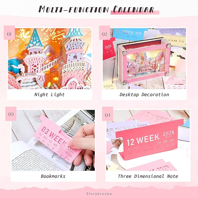 Allnice 3D Desk Calendar 2025 Memo Pad with LED Light, Time Piece Calendar 2025 3D Castle Weekly Calendar Notepad DIY Paper Carving Art Craft Gift for Christmas New Year Desktop Decoration