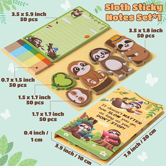 B1ykin Sticky Notes Set - Cartoon Theme Cute Self-Stick Notes Pad Teacher Appreciation Gifts， Self-Adhesive Writing Memo Pages Sticky to Do Notepad for Kids Employee School Office (Sloth)
