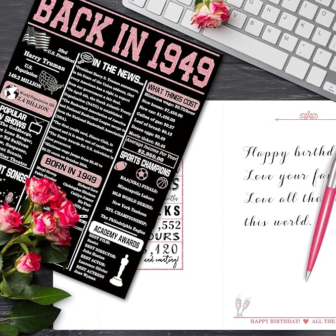 YiKaLus Happy 75th Birthday Card for Friends Bestie, Best 75 Year Old Birthday Gifts Decorations for Women Men, Rose Gold Back In 1949 Card