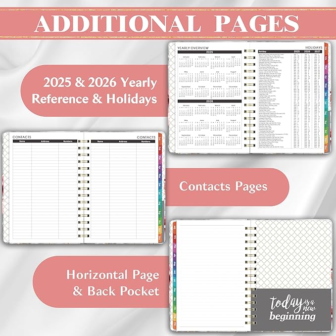 2025 Planner - 2025 Planner Weekly and Monthly with Tabs, Jan. 2025 - Dec. 2025, Calendar Planner 2025, 6.3" x 8.4", Hardcover with Back Pocket + Thick Paper - Pink Flower