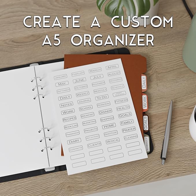 A5 Blank Paper 6-Hole Punched Accessory Kit - 50 Sheets, Ruler, Dividers, and Tab Stickers. 100 GSM, 148mm x 210mm (5.83" x 8.27")