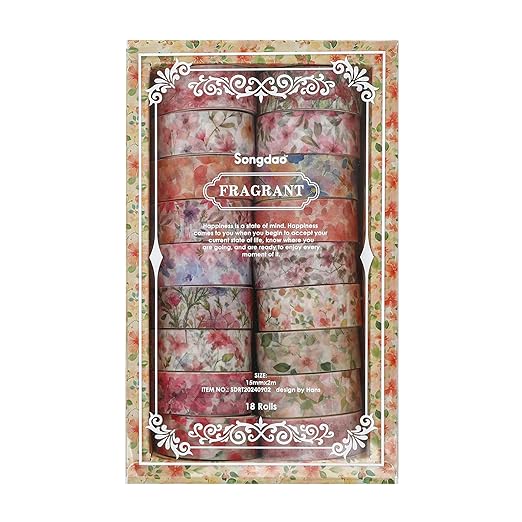 18 Rolls Blossom Washi Tape Set Floral Arts Adhesive Tapes Flowers Garden Decorative Masking Tape Sets for Craft, Kids, Scrapbook, DIY, Gift Wrapping (Blossom Festival)