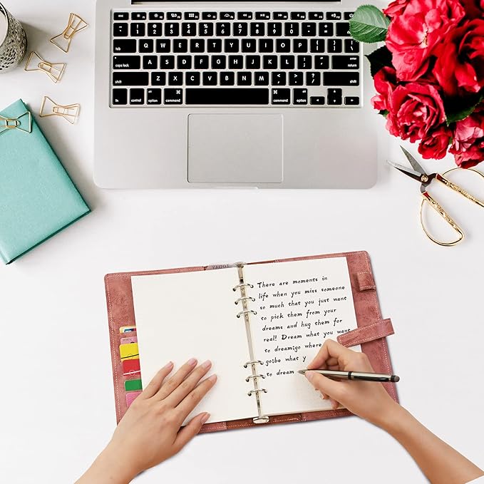 Wonderpool Leather Journal Refillable Binder A5 Writing Notebook Folder Organiser with Dotted Paper & Multi Pockets Cover for Business School Travel (A5, Brown)