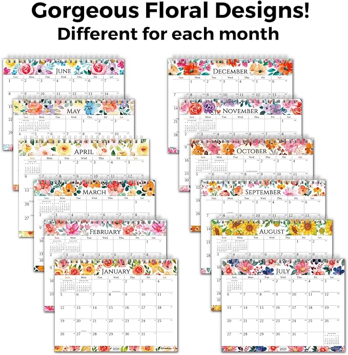 CRANBURY Standing Desk Calendar 2025 8x6 (Floral), Small Stand Up Calendar with Gorgeous Flower Designs, Compact Monthly Flip Popup Desktop Calendar