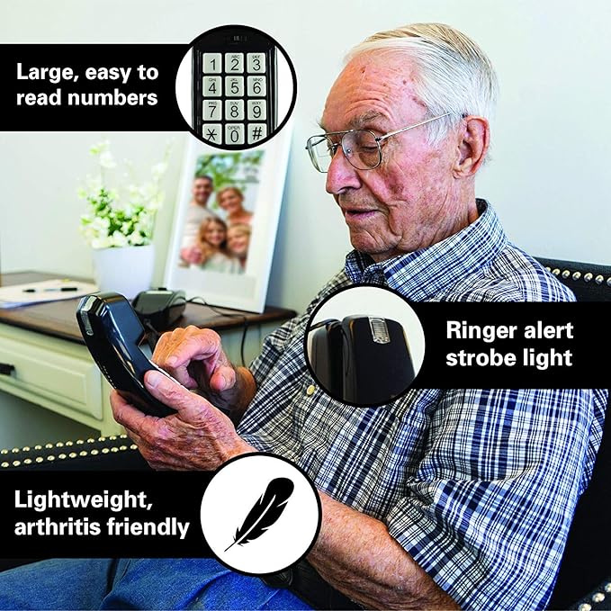 iSoHo Big Button Corded Phone for Seniors – Easy-to-Use Landline with Lighted Keypad, Ergonomic Handset & No Power Needed – Retro Home Phone for Elderly, Visually Impaired & Hard of Hearing, Black