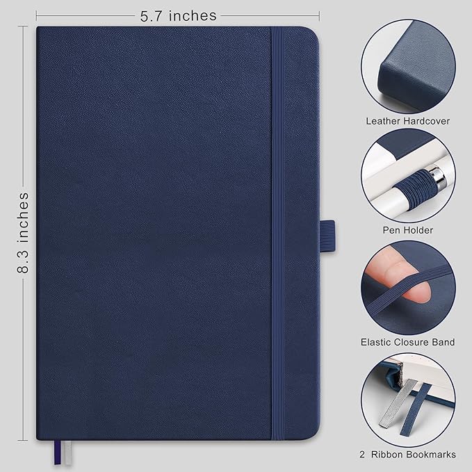 RETTACY Blank Journal Notebook, A5 Blank Journal with 192 Pages, 5.7'' × 8.3'' Medium Size, 68 LB/100 GSM Thick Paper, Leather Hardcover, for Sketching, Drawing, Painting (Navy Blue)
