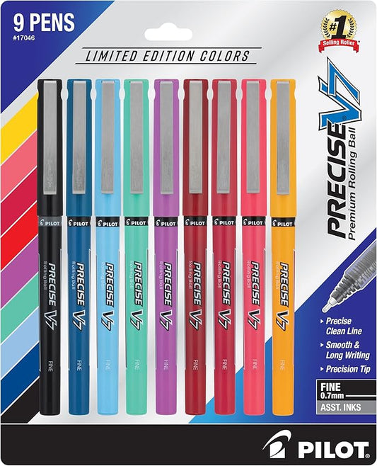 Pilot, Precise V7, Capped Liquid Ink Rolling Ball Pens, Fine Point 0.7 mm, Limited Edition Assorted Colors, Pack of 9